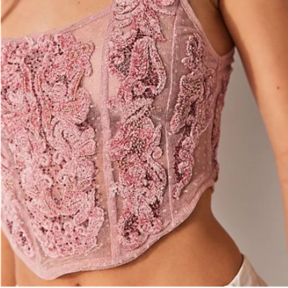 SOLD Free People NWT Crush On You Embellished Mauve Corset Mesh Cami Tank Top Sm - Picture 2 of 13